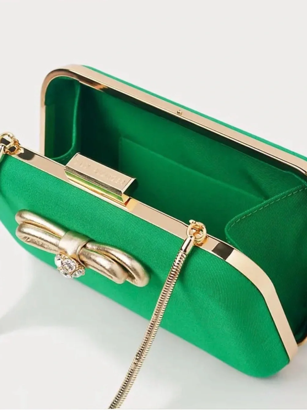 NWT Lilly Pulitzer Jessy Bow Hard Clutch Bamboo Green Gold Chain Crossbody Bag